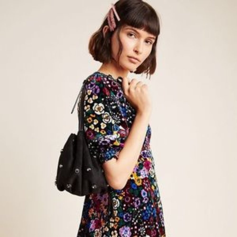 Anthropologie Francie Mini Dress - NWT - Black Velvet Floral  Multi-Color Flower